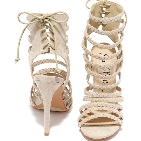 Lulus Shoes - Braided suede nude caged heels